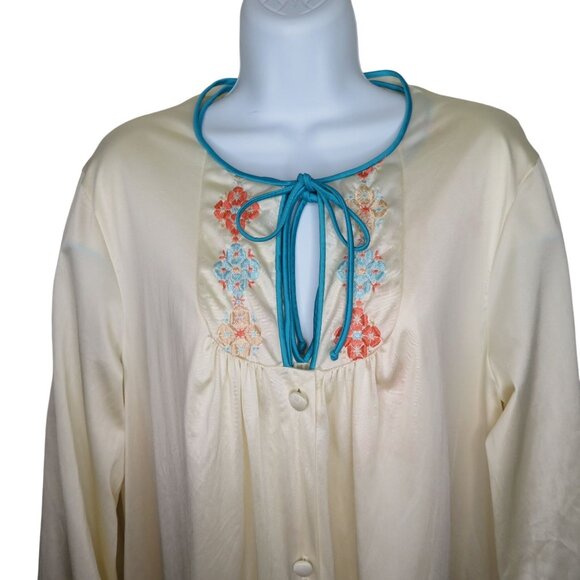 Vintage 70s Peignoir Set Full Length Nylon Nightgown Robe L Embroidery Blue Trim - Picture 16 of 16